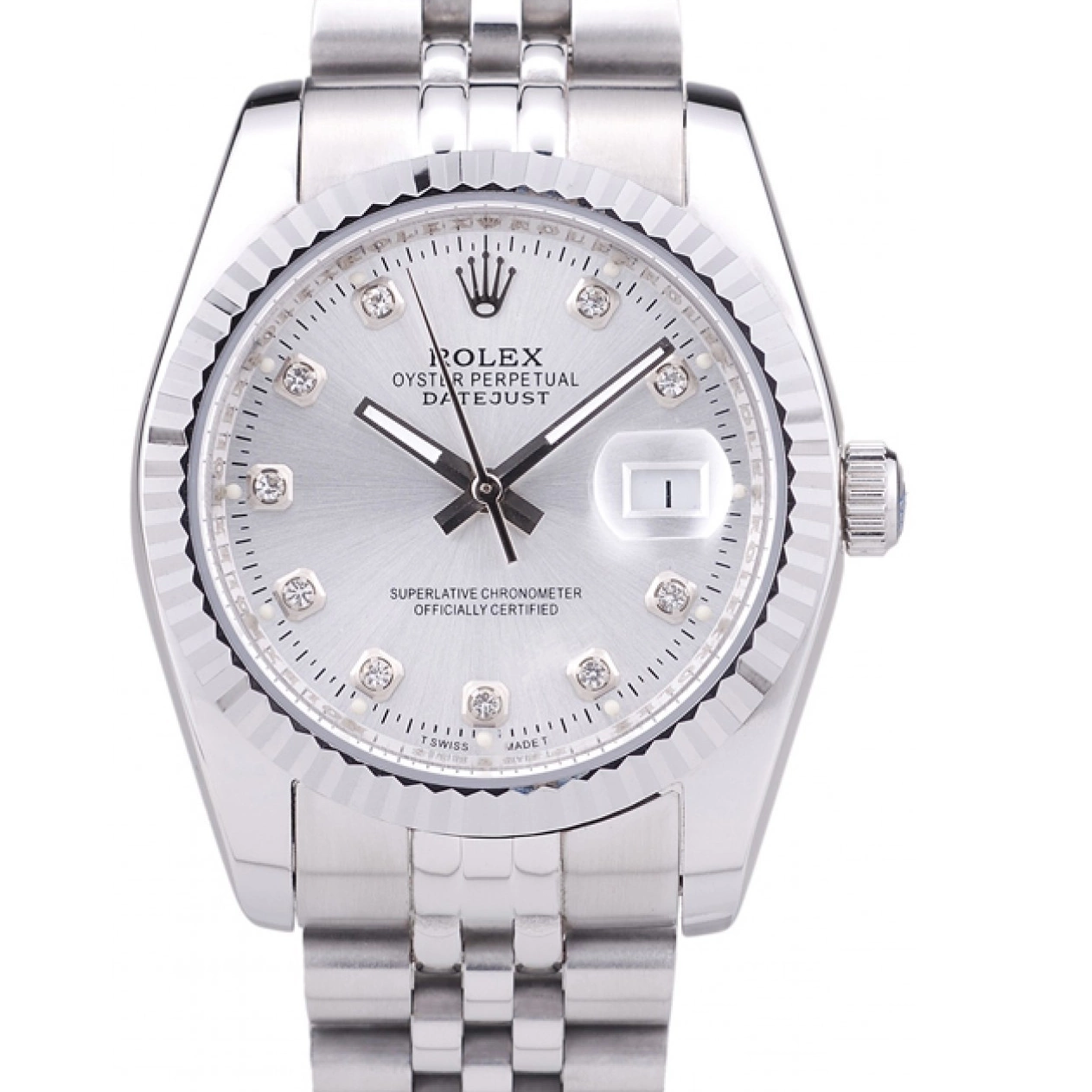 Aaa replica Datejust Dial Silver Diamonds Rolex 7455 Bezel Ribbed 0613